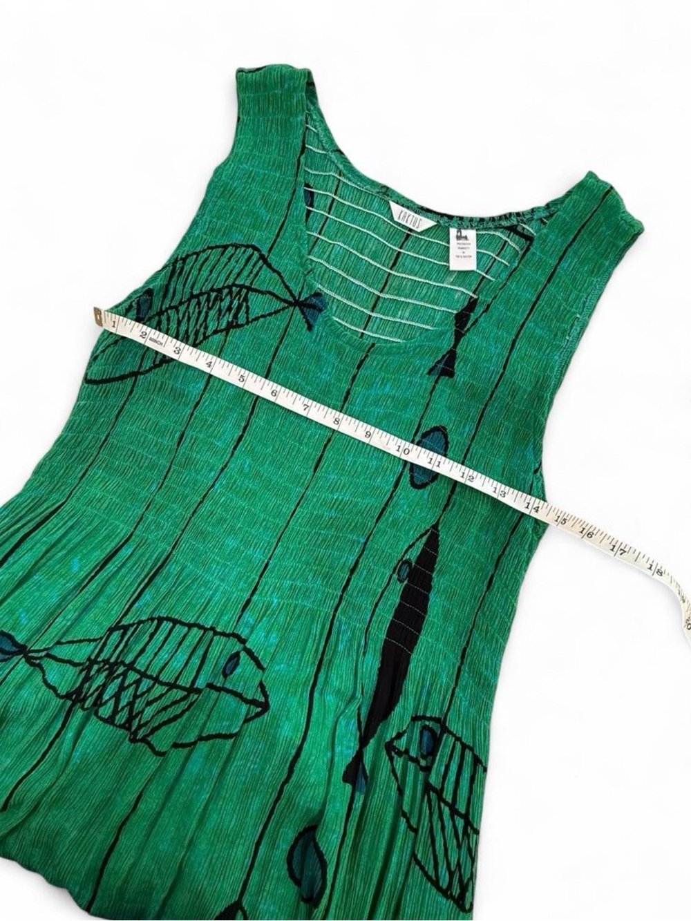 Pleated Green Fish-Print Sleeveless Dress